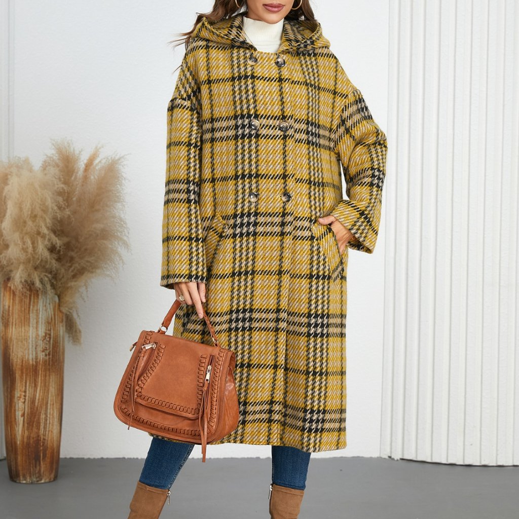 Plaid Double-Breasted Long Sleeve Longline Coat Mustard